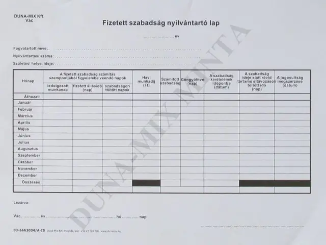 Fizetett szabadság-nyilvántartó lap